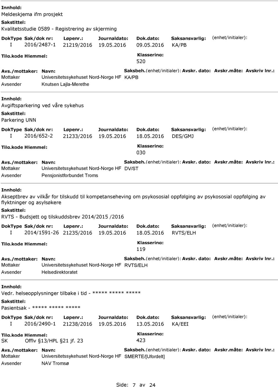 2016 KA/B 520 Mottaker niversitetssykehuset Nord-Norge HF KA/B Knutsen Lajla-Merethe nnhold: Avgiftsparkering ved våre sykehus arkering NN 2016/652-2 21233/2016 DES/GMJ 030 Mottaker