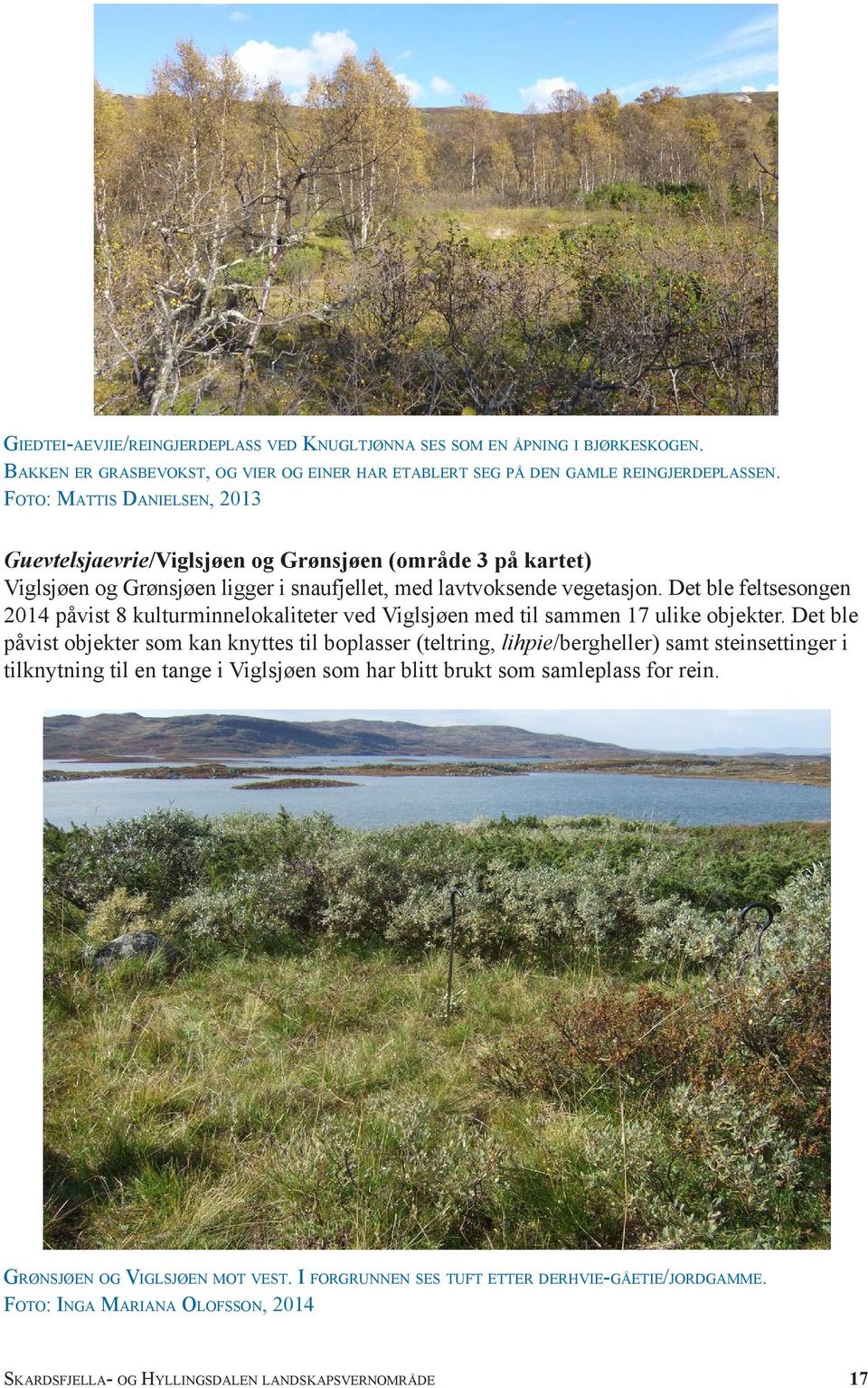 Det ble feltsesongen 2014 påvist 8 kulturminnelokaliteter ved Viglsjøen med til sammen 17 ulike objekter.