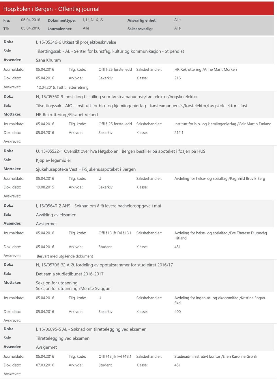 2016, Tatt til etterretning N, 15/05360-9 Innstilling til stilling som førsteamanuensis/førstelektor/høgskolelektor Tilsettingssak - AIØ - Institutt for bio- og kjemiingeniørfag -