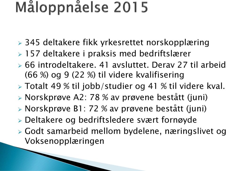 Derav 27 til arbeid (66 %) og 9 (22 %) til videre kvalifisering Totalt 49 % til jobb/studier og 41 % til