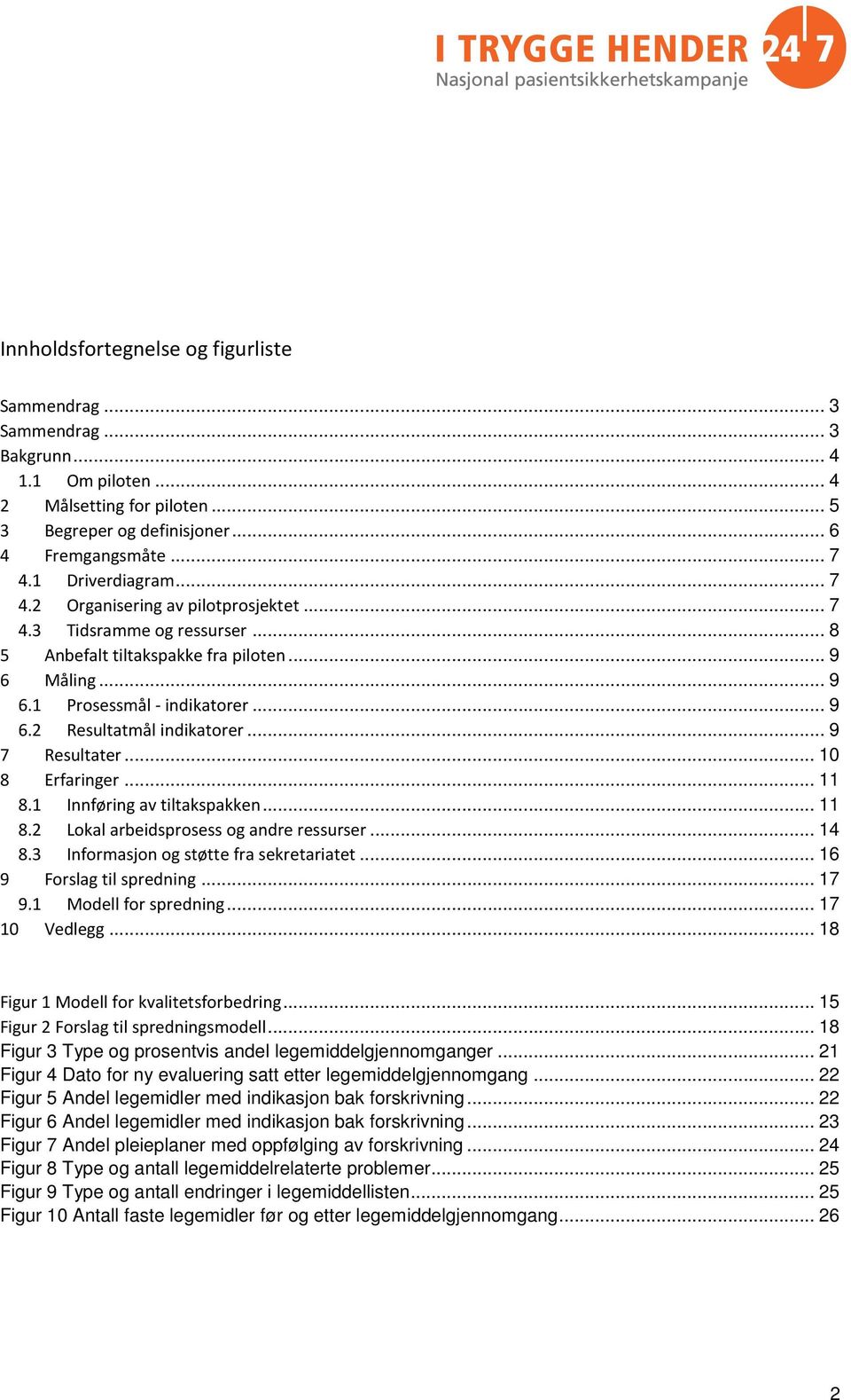 .. 9 7 Resultater... 10 8 Erfaringer... 11 8.1 Innføring av tiltakspakken... 11 8.2 Lokal arbeidsprosess og andre ressurser... 14 8.3 Informasjon og støtte fra sekretariatet.