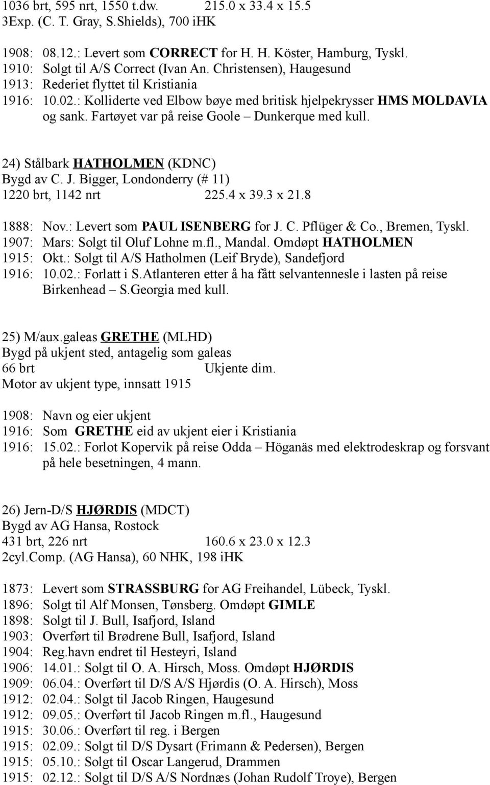 24) Stålbark HATHOLMEN (KDNC) Bygd av C. J. Bigger, Londonderry (# 11) 1220 brt, 1142 nrt 225.4 x 39.3 x 21.8 1888: Nov.: Levert som PAUL ISENBERG for J. C. Pflüger & Co., Bremen, Tyskl.