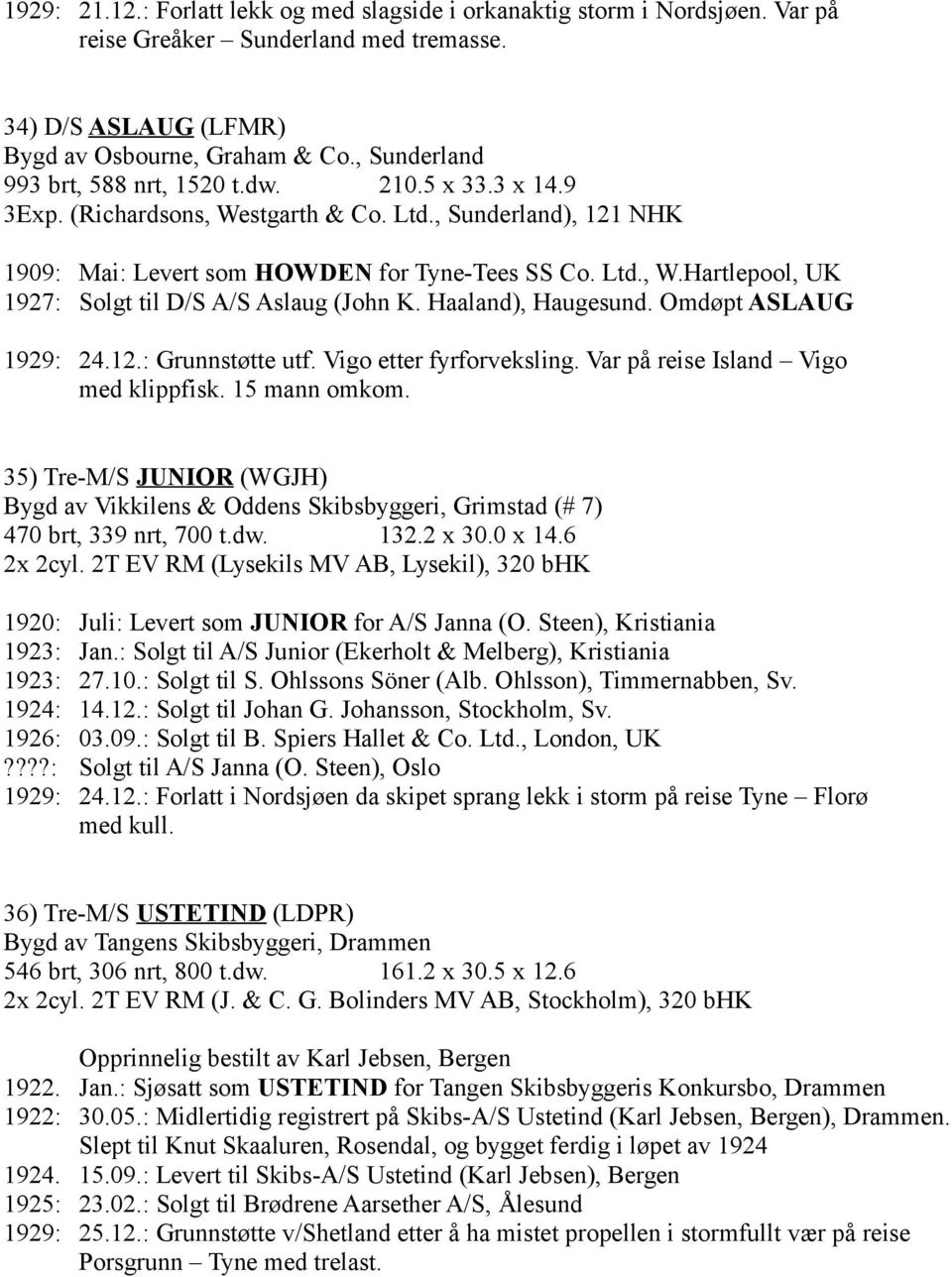 Haaland), Haugesund. Omdøpt ASLAUG 1929: 24.12.: Grunnstøtte utf. Vigo etter fyrforveksling. Var på reise Island Vigo med klippfisk. 15 mann omkom.