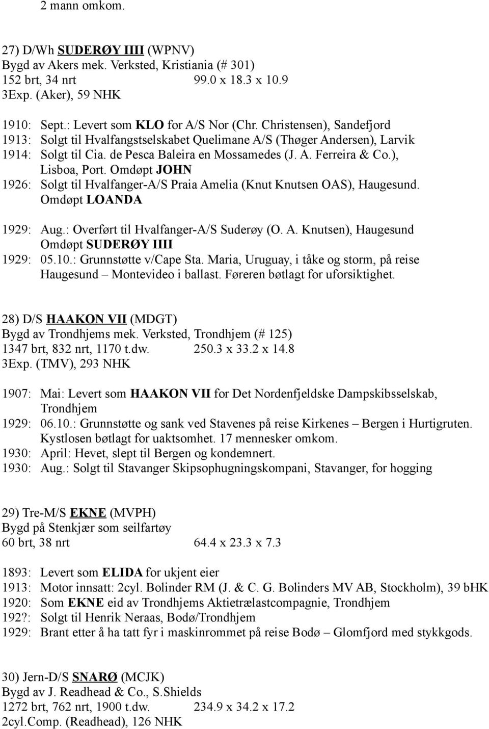 Omdøpt JOHN 1926: Solgt til Hvalfanger-A/S Praia Amelia (Knut Knutsen OAS), Haugesund. Omdøpt LOANDA 1929: Aug.: Overført til Hvalfanger-A/S Suderøy (O. A. Knutsen), Haugesund Omdøpt SUDERØY IIII 1929: 05.