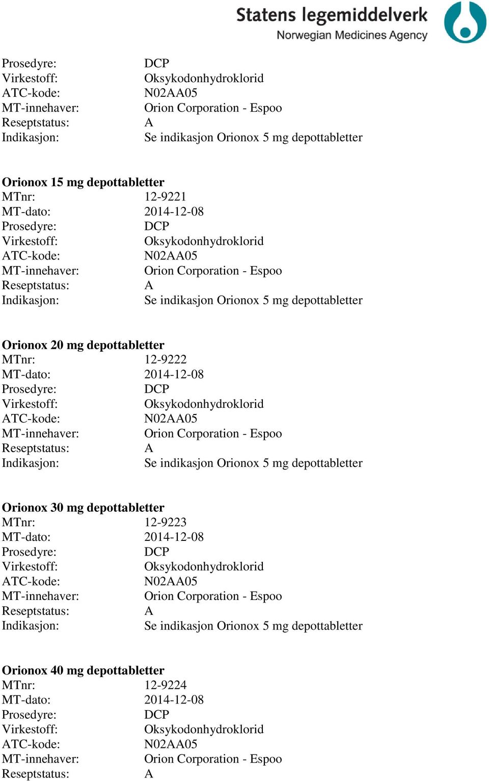Oksykodonhydroklorid N02AA05 Orion orporation - Espoo A Se indikasjon Orionox 5 mg depottabletter Orionox 30 mg depottabletter 12-9223 DP