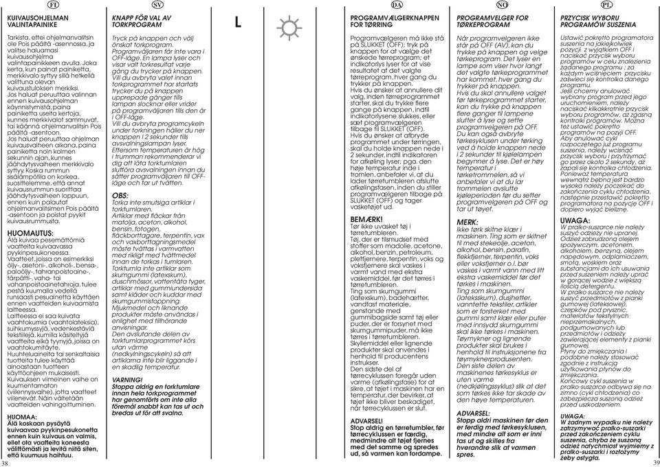 Jos haluat peruuttaa valinnan ennen kuivausohjelman käynnistymistä, paina painiketta useita kertoja, kunnes merkkivalot sammuvat, tai käännä ohjelmanvalitsin Pois päältä asentoon.