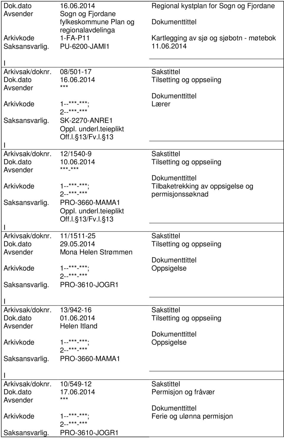 2014 Tilsetting og oppseiing -*** PRO-3660-MAMA1 Tilbaketrekking av oppsigelse og permisjonssøknad Arkivsak/doknr. 11/1511-25 Sakstittel Dok.dato 29.05.