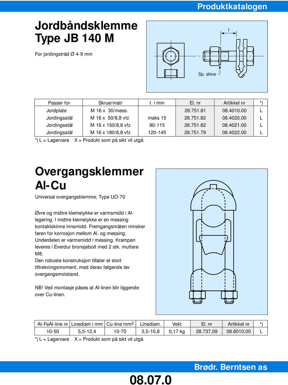 00 L Overgangsklemmer Al-Cu Universal overgangsklemme, Type UO-70 Øvre og midtre klemstykke er varmsmidd i Allegering. I midtre klemstykke er en messing kontaktskinne innsmidd.