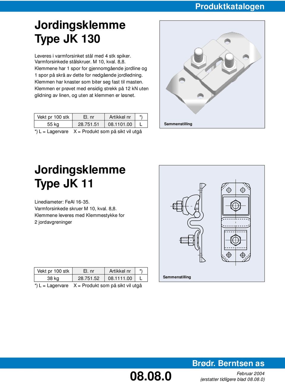 Klemmen er prøvet med ensidig strekk på 12 kn uten glidning av linen, og uten at klemmen er løsnet. Vekt pr 100 stk El. nr Artikkel nr *) 55 kg 28.751.51 08.1101.