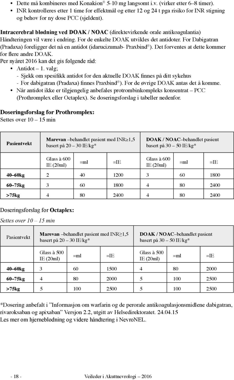 Intracerebral blødning ved DOAK / NOAC (direktevirkende orale antikoagulantia) Håndteringen vil være i endring. For de enkelte DOAK utvikles det antidoter.