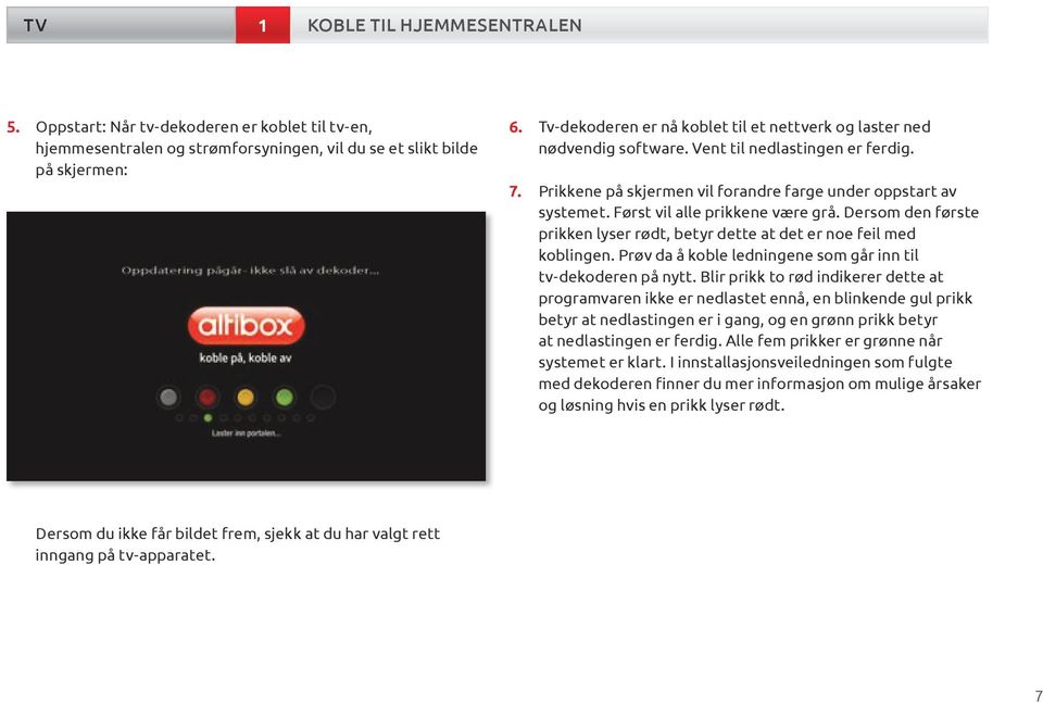 Først vil alle prikkene være grå. Dersom den første prikken lyser rødt, betyr dette at det er noe feil med koblingen. Prøv da å koble ledningene som går inn til tv-dekoderen på nytt.