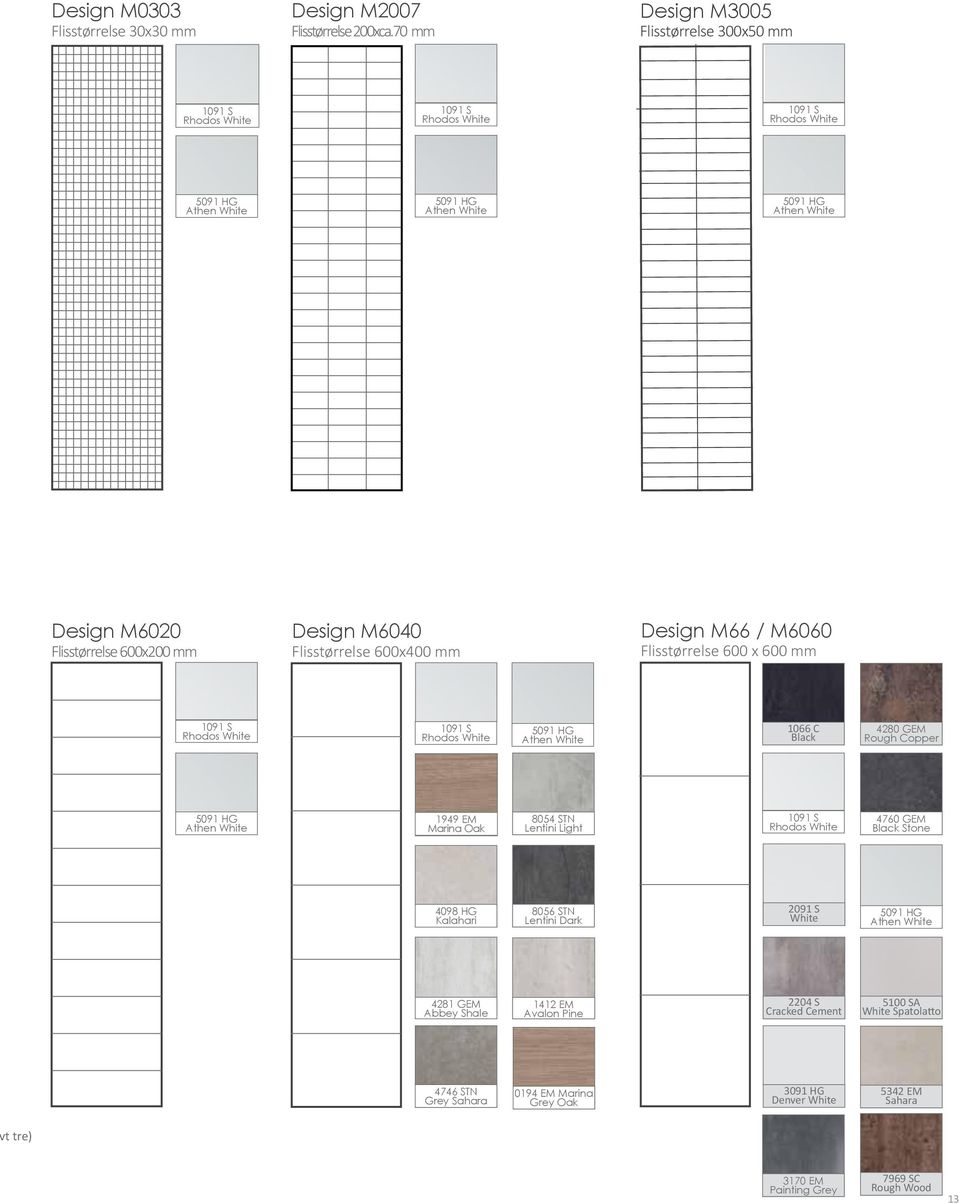 mm Design M6040 Flisstørrelse 600x400 mm Design M66 / M6060 Flisstørrelse 600 x 600 mm 1091 S Rhodos White 1091 S Rhodos White 5091 HG Athen White 1066 C Black 4280 GEM Rough Copper 5091 HG Athen