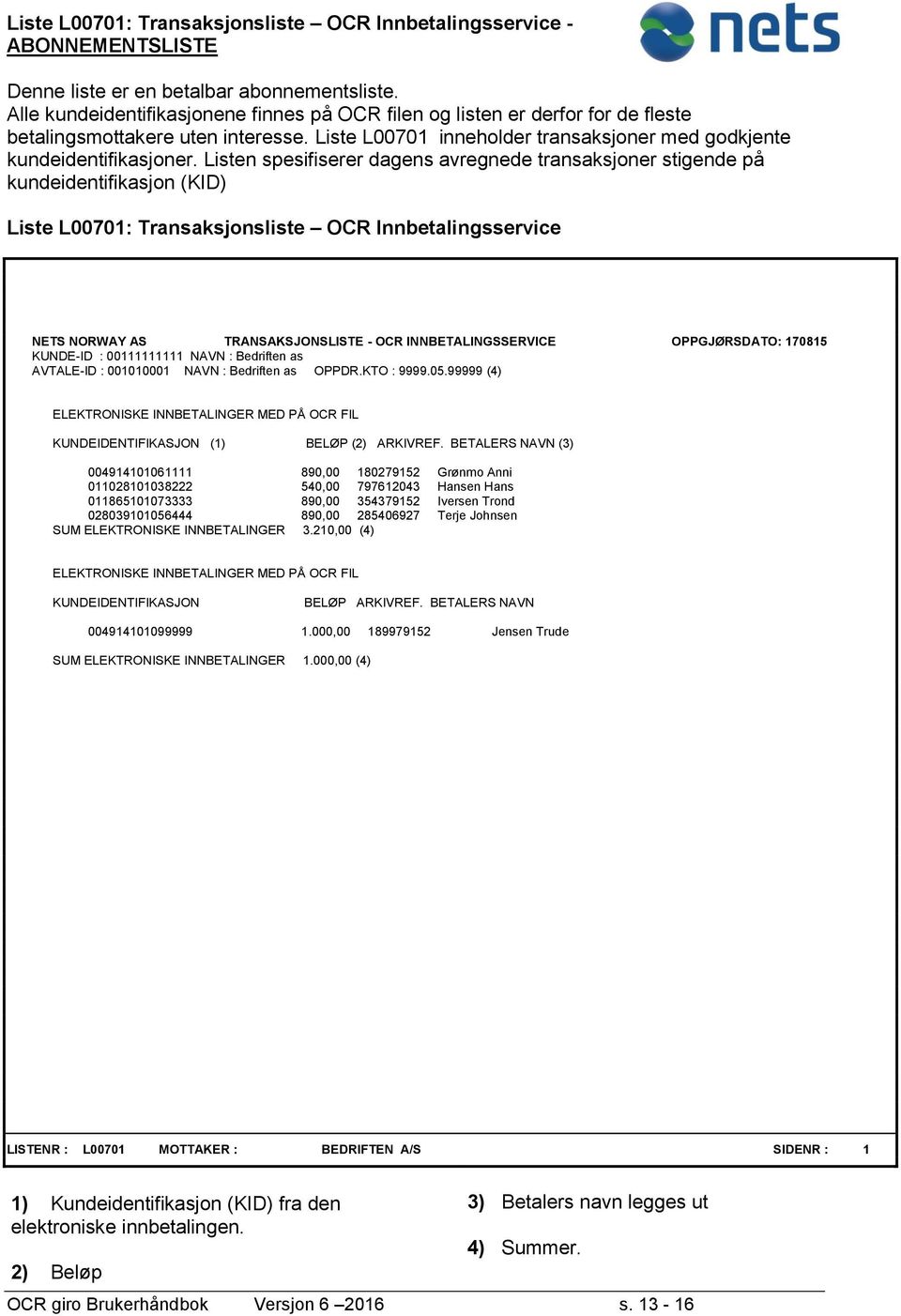 Listen spesifiserer dagens avregnede transaksjoner stigende på kundeidentifikasjon (KID) Liste L00701: Transaksjonsliste OCR Innbetalingsservice NETS NORWAY AS TRANSAKSJONSLISTE - OCR