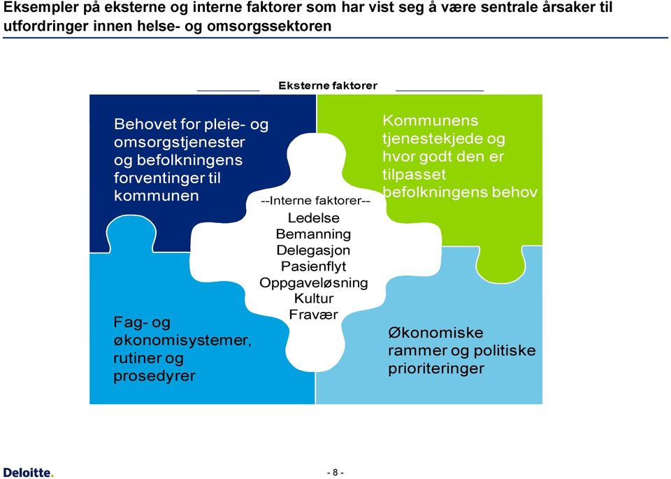 økonomisystemer, rutiner og prosedyrer --Interne faktorer-- Ledelse Bemanning Delegasjon Pasienflyt Oppgaveløsning Kultur