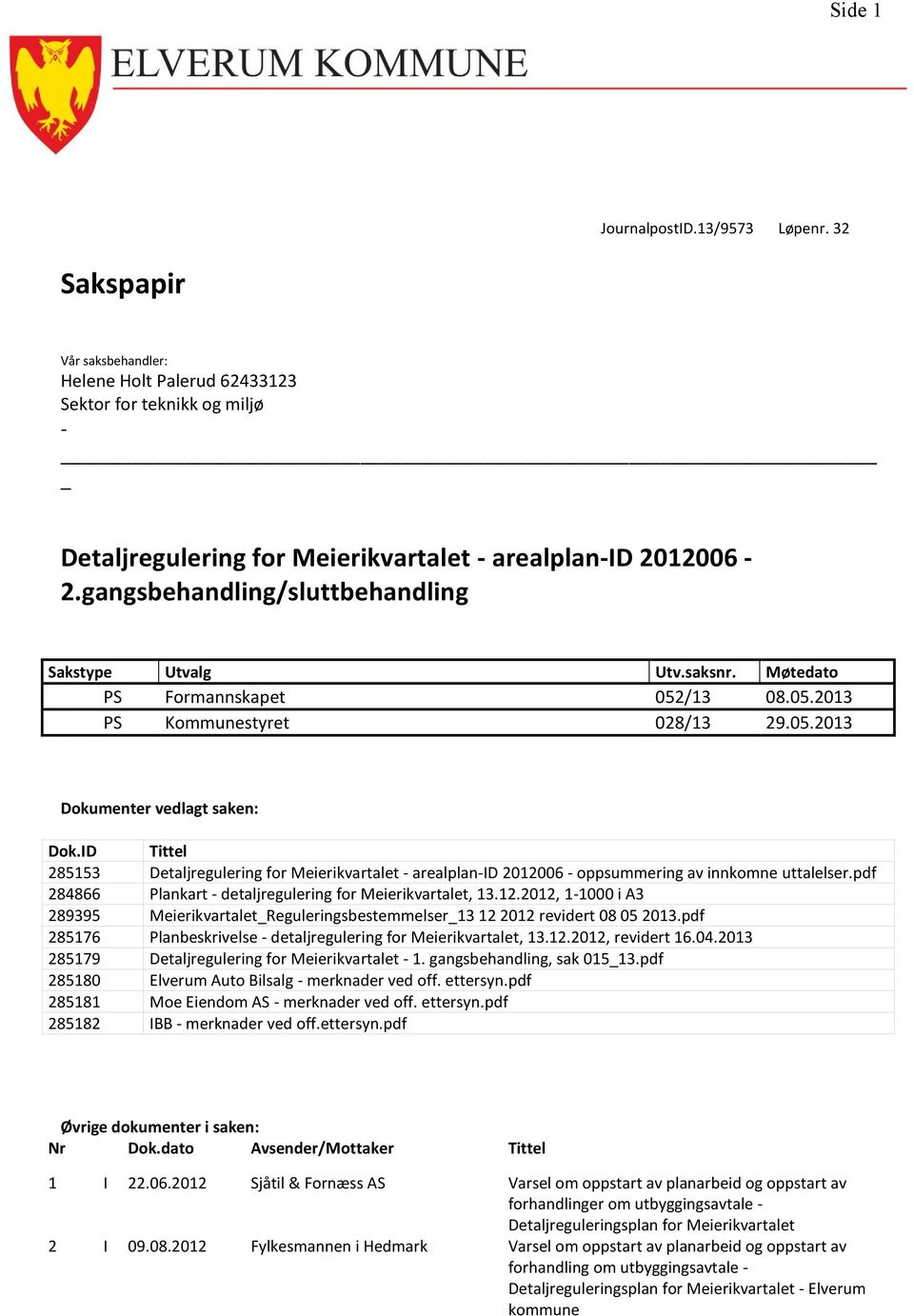 ID Tittel 285153 Detaljregulering for Meierikvartalet - arealplan-id 2012006 - oppsummering av innkomne uttalelser.pdf 284866 Plankart - detaljregulering for Meierikvartalet, 13.12.2012, 1-1000 i A3 289395 Meierikvartalet_Reguleringsbestemmelser_13 12 2012 revidert 08 05 2013.