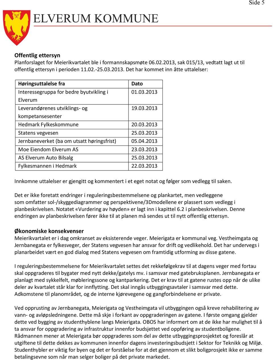 Det har kommet inn åtte uttalelser: Høringsuttalelse fra Interessegruppa for bedre byutvikling i Elverum Leverandørenes utviklings- og kompetansesenter Dato 01.03.2013 19.03.2013 Hedmark Fylkeskommune 20.