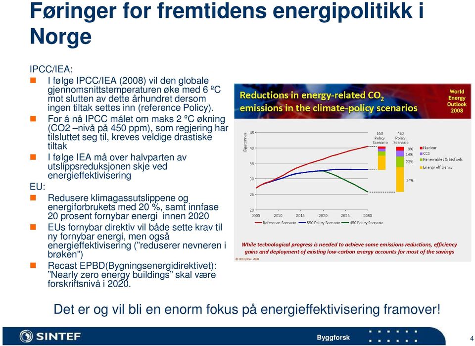 For å nå IPCC målet om maks 2 ºC økning (CO2 nivå på 450 ppm), som regjering har tilsluttet seg til, kreves veldige drastiske tiltak I følge IEA må over halvparten av utslippsreduksjonen skje ved