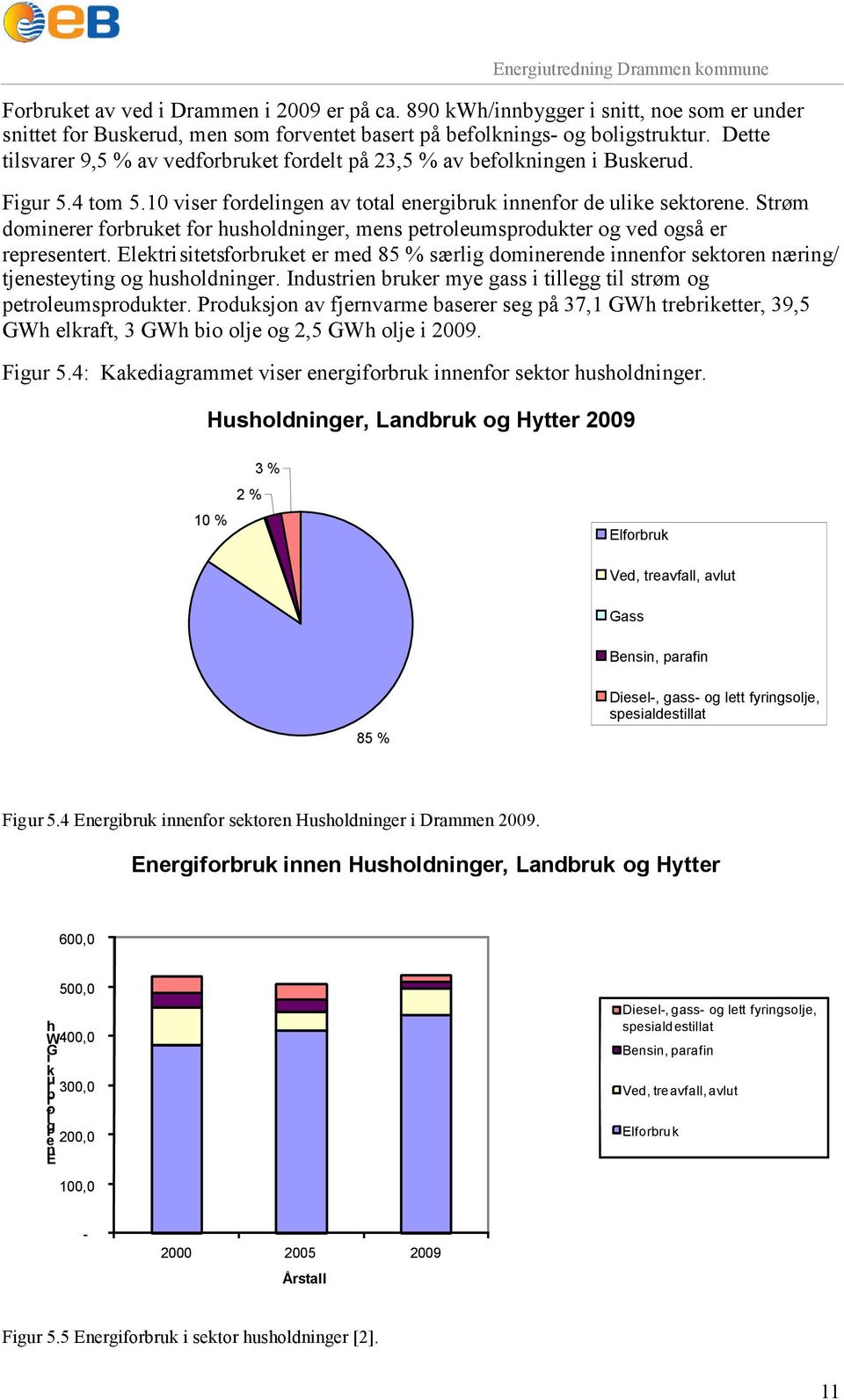 Strøm dominerer forbruket for husholdninger, mens petroleumsprodukter og ved også er representert.