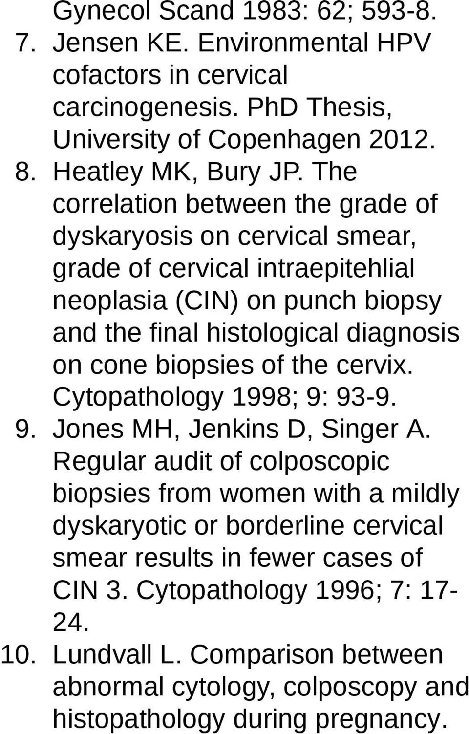 cone biopsies of the cervix. Cytopathology 1998; 9: 93-9. 9. Jones MH, Jenkins D, Singer A.