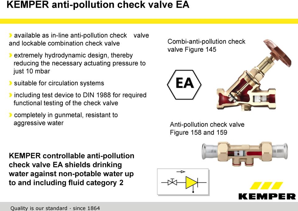 the check valve completely in gunmetal, resistant to xiaggressive water Combi-anti-pollution check valve Figure 145 Anti-pollution check valve Figure 158 and 159