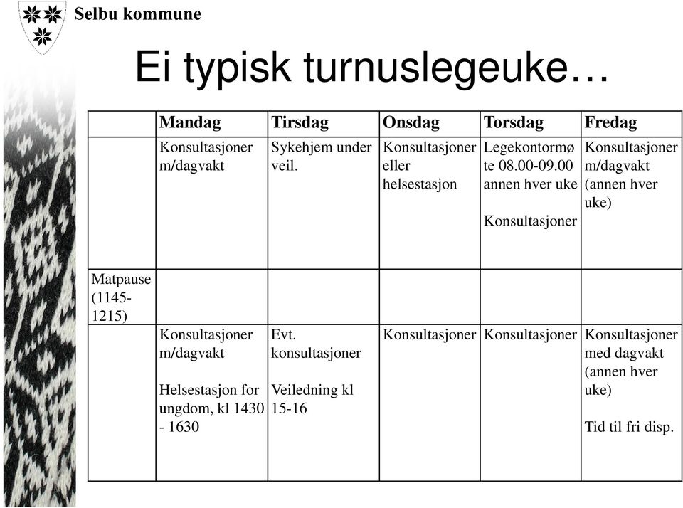 00 annen hver uke Konsultasjoner Konsultasjoner m/dagvakt (annen hver uke) Matpause (1145-1215) Konsultasjoner