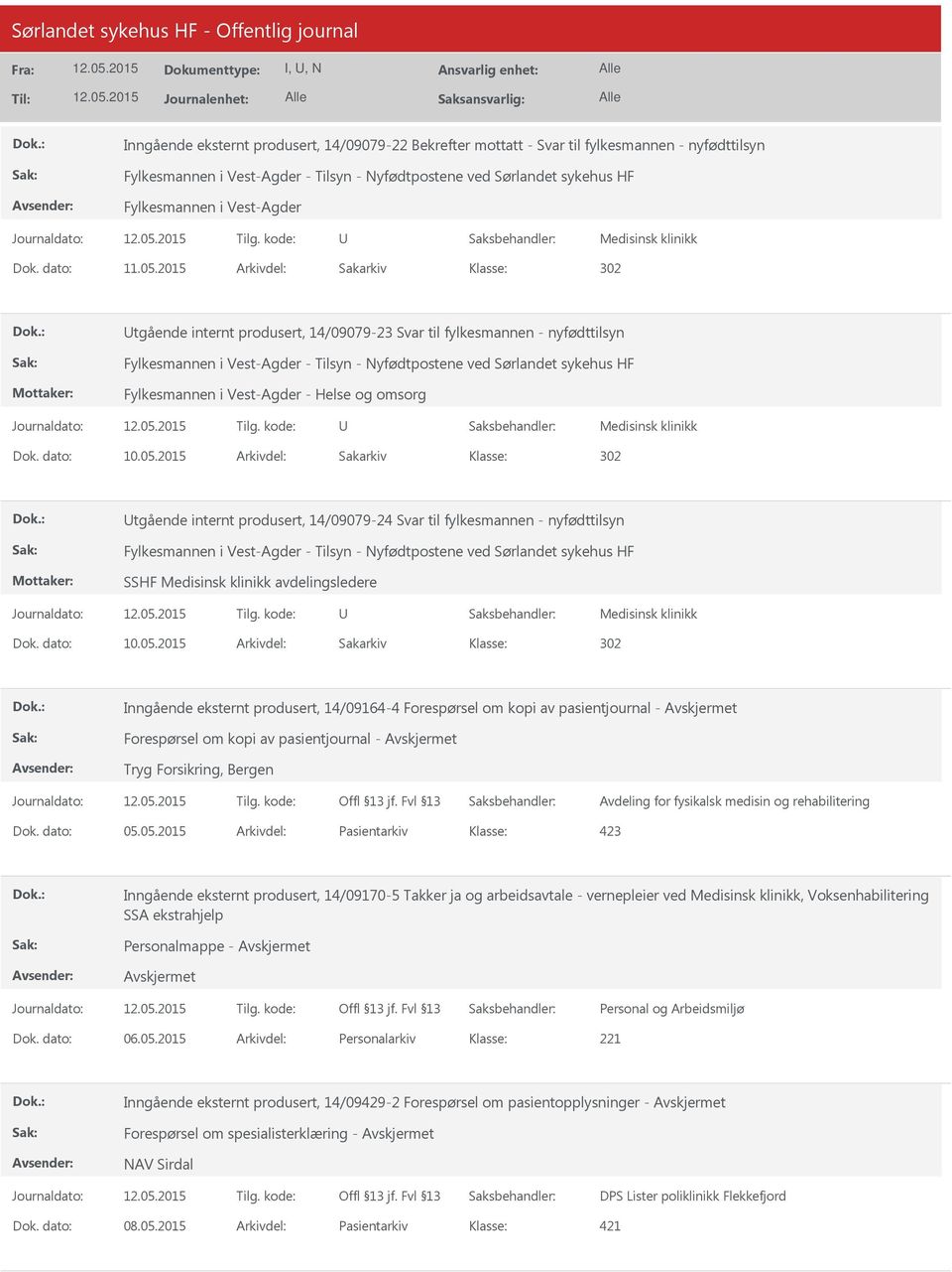 2015 Arkivdel: Sakarkiv 302 tgående internt produsert, 14/09079-23 Svar til fylkesmannen - nyfødttilsyn Fylkesmannen i Vest-Agder - Tilsyn - Nyfødtpostene ved Sørlandet sykehus HF Fylkesmannen i