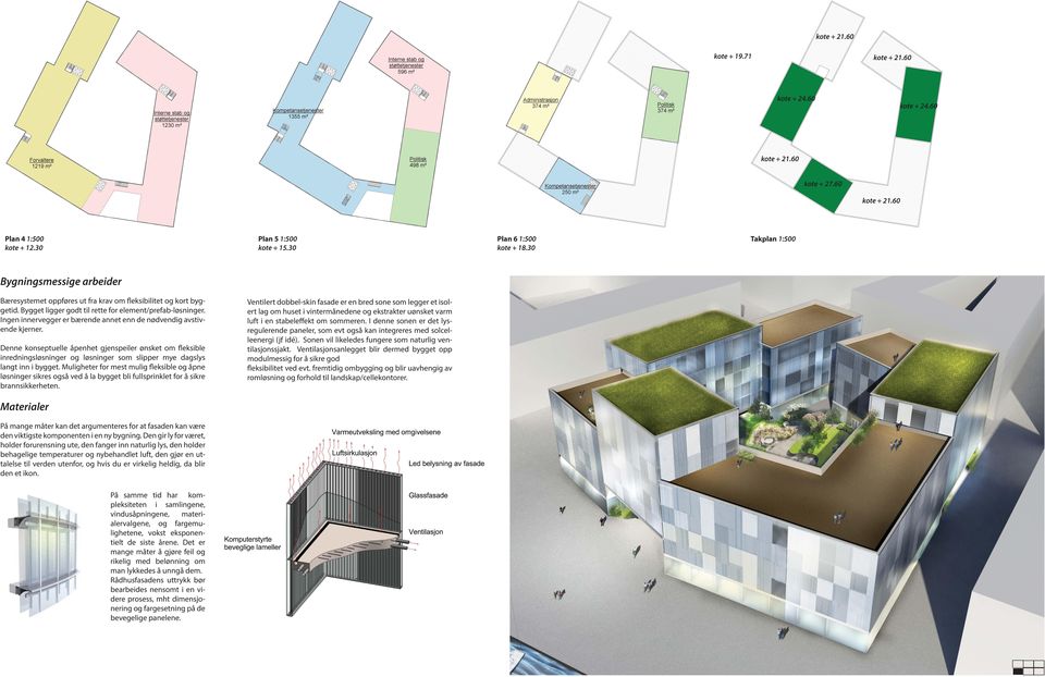 Bygget ligger godt til rette for element/prefab-løsninger. Ingen innervegger er bærende annet enn de nødvendig avstivende kjerner.