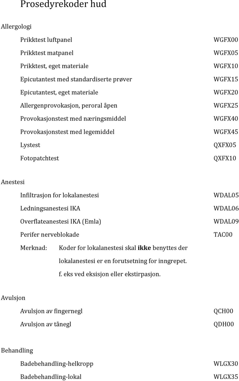 lokalanestesi Ledningsanestesi IKA Overflateanestesi IKA (Emla) Perifer nerveblokade WDAL05 WDAL06 WDAL09 TAC00 Merknad: Koder for lokalanestesi skal ikke benyttes der lokalanestesi er en