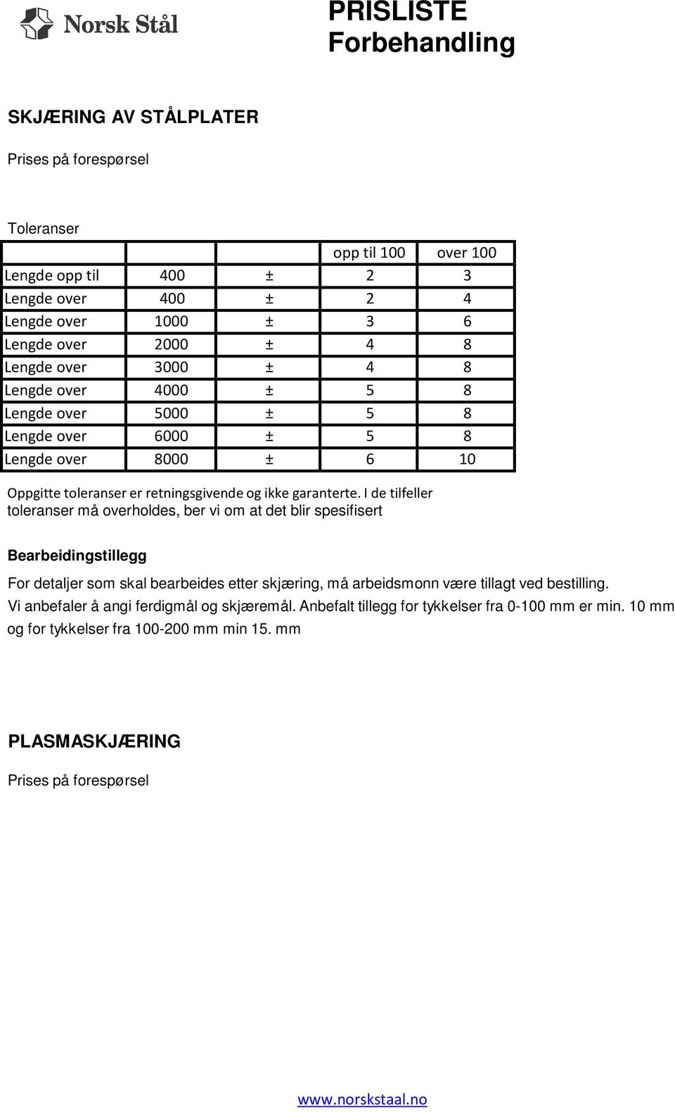 I de tilfeller toleranser må overholdes, ber vi om at det blir spesifisert Bearbeidingstillegg For detaljer som skal bearbeides etter skjæring, må arbeidsmonn være tillagt ved