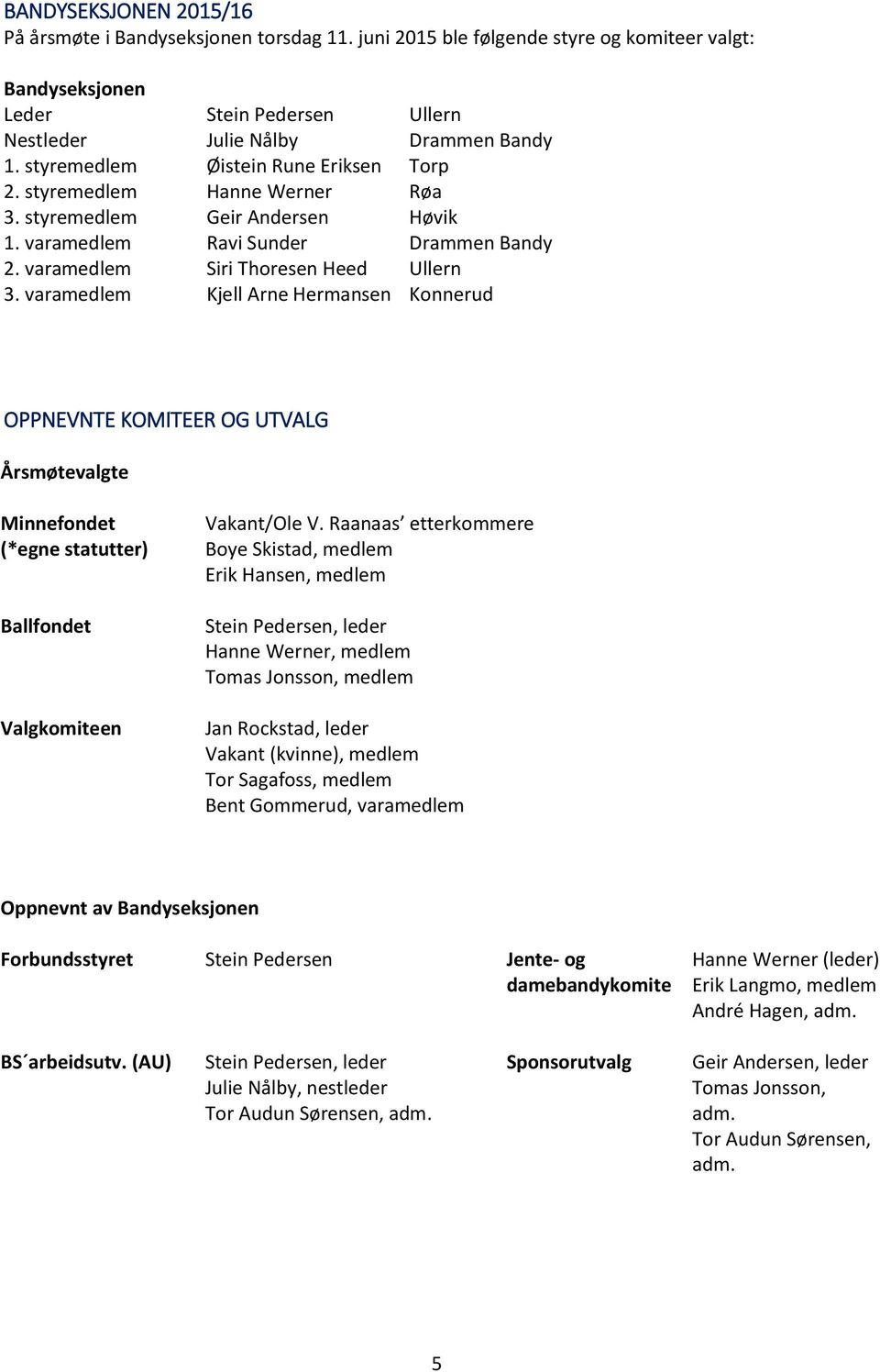 varamedlem Kjell Arne Hermansen Konnerud OPPNEVNTE KOMITEER OG UTVALG Årsmøtevalgte Minnefondet (*egne statutter) Ballfondet Valgkomiteen Vakant/Ole V.