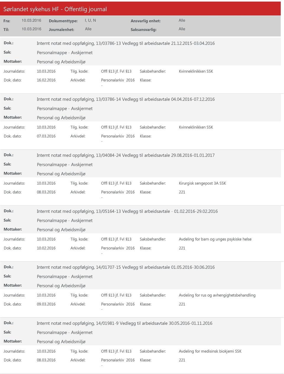 08.201601.01.2017 Personalmappe Kirurgisk sengepost 3A SSK Dok. dato: 08.03.2016 Arkivdel: Personalarkiv 2016 Klasse: Internt notat med oppfølging, 13/0516413 Vedlegg til arbeidsavtale 01.02.201629.
