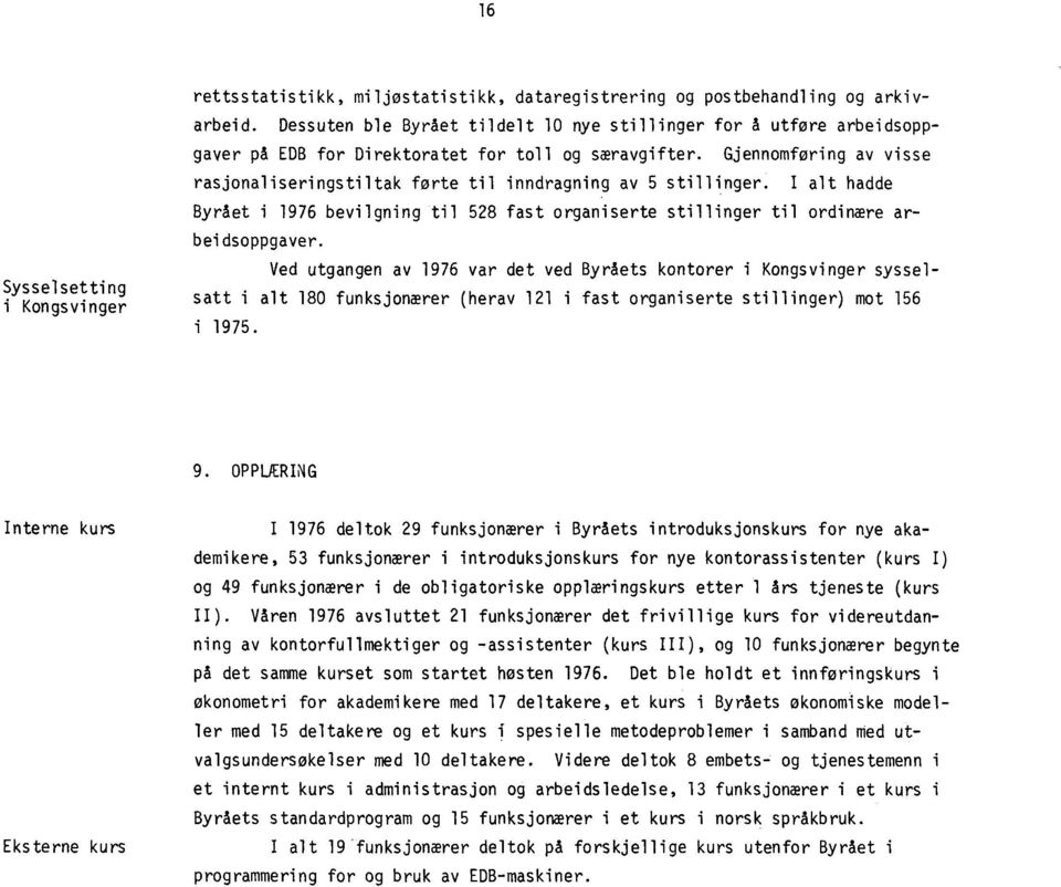 Gjennomføring av visse rasjonaliseringstiltak forte til inndragning av 5 stillinger. I alt hadde Byrået i 1976 bevilgning til 528 fast organiserte stillinger til ordinære arbeidsoppgaver.