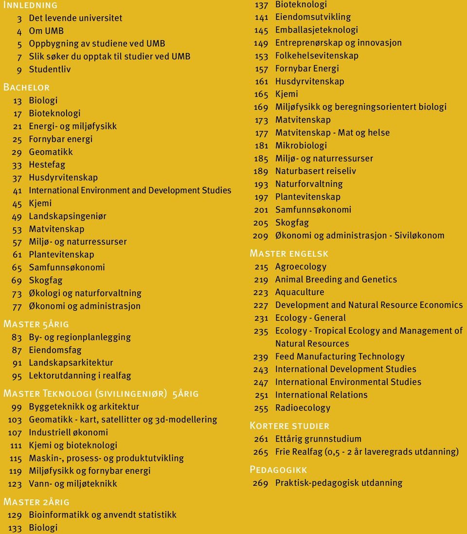 Plantevitenskap 65 Samfunnsøkonomi 69 Skogfag 73 Økologi og naturforvaltning 77 Økonomi og administrasjon Master 5årig 83 By- og regionplanlegging 87 Eiendomsfag 91 Landskapsarkitektur 95