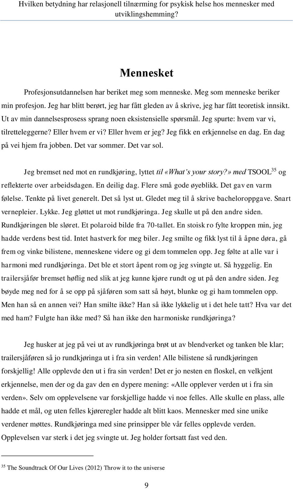 En dag på vei hjem fra jobben. Det var sommer. Det var sol. Jeg bremset ned mot en rundkjøring, lyttet til «What s your story?» med TSOOL 35 og reflekterte over arbeidsdagen. En deilig dag.