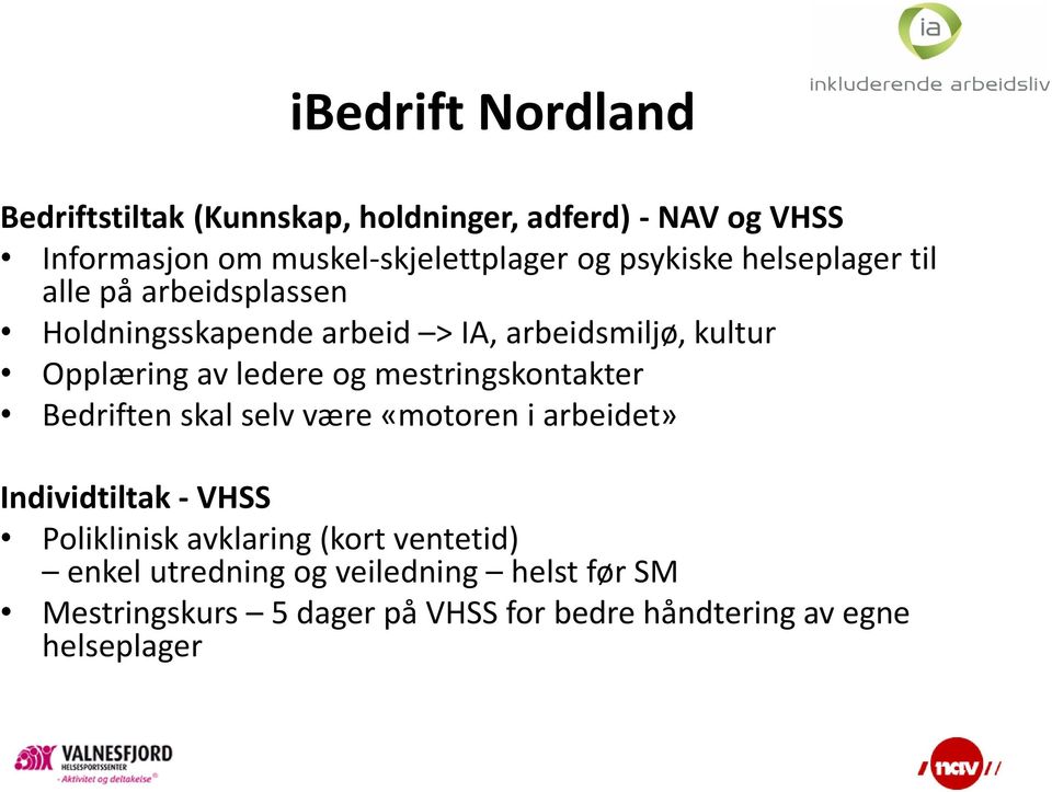 og mestringskontakter Bedriften skal selv være «motoren i arbeidet» Individtiltak - VHSS Poliklinisk avklaring (kort