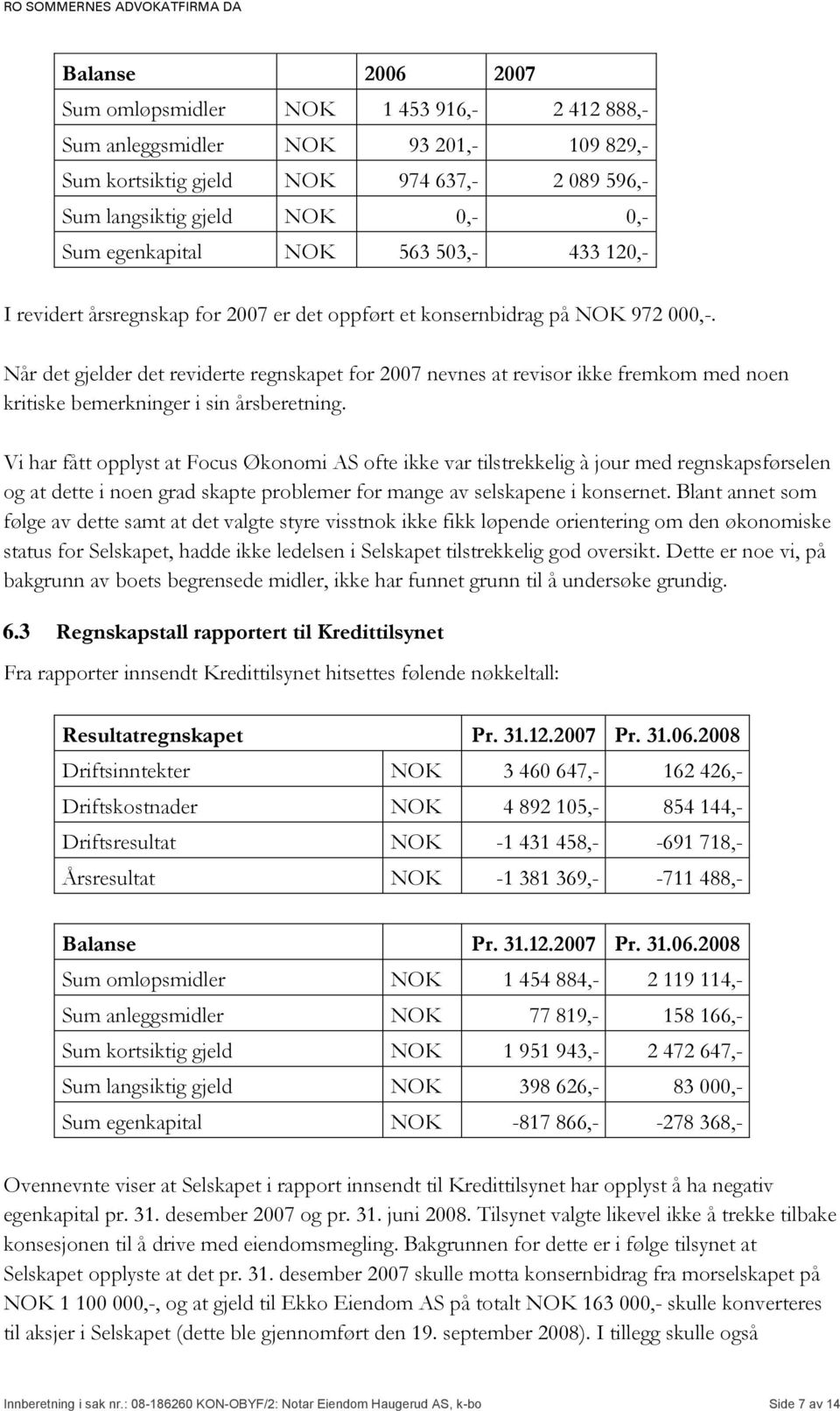 Når det gjelder det reviderte regnskapet for 2007 nevnes at revisor ikke fremkom med noen kritiske bemerkninger i sin årsberetning.