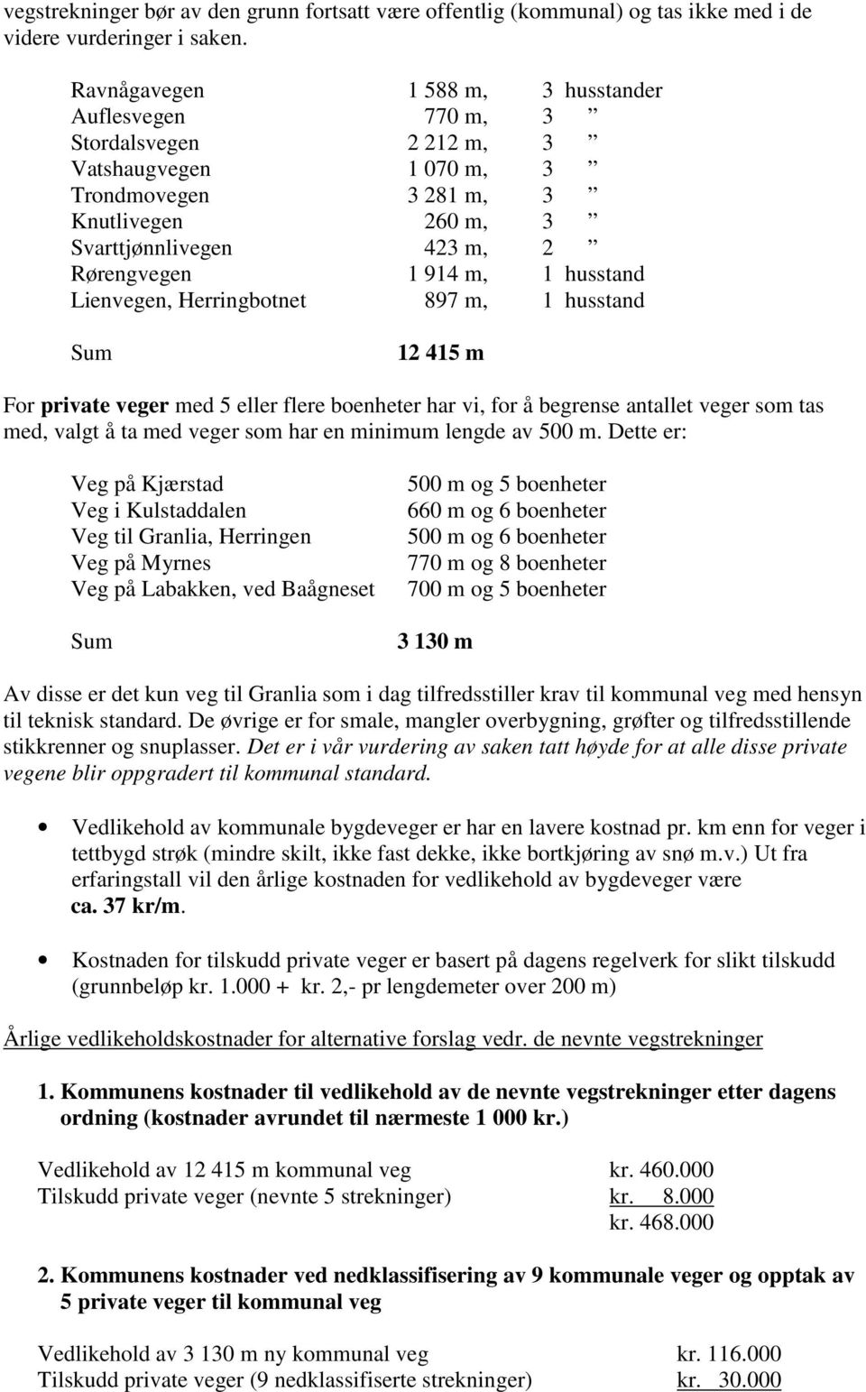 1 husstand Lienvegen, Herringbotnet 897 m, 1 husstand Sum 12 415 m For private veger med 5 eller flere boenheter har vi, for å begrense antallet veger som tas med, valgt å ta med veger som har en