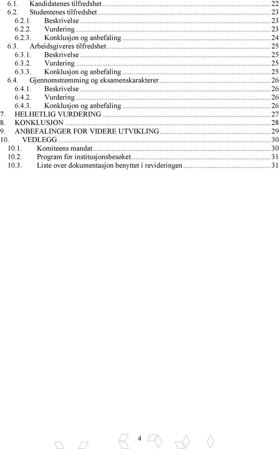 HELHETLIG VURDERING... 27 8. KONKLUSJON... 28 9. ANBEFALINGER FOR VIDERE UTVIKLING... 29 10. VEDLEGG... 30 10.1. Komiteens mandat... 30 10.2. Program for institusjonsbesøket.