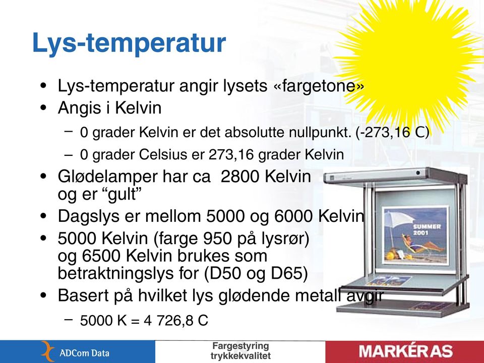 (-273,16 C) 0 grader Celsius er 273,16 grader Kelvin Glødelamper har ca 2800 Kelvin og er gult