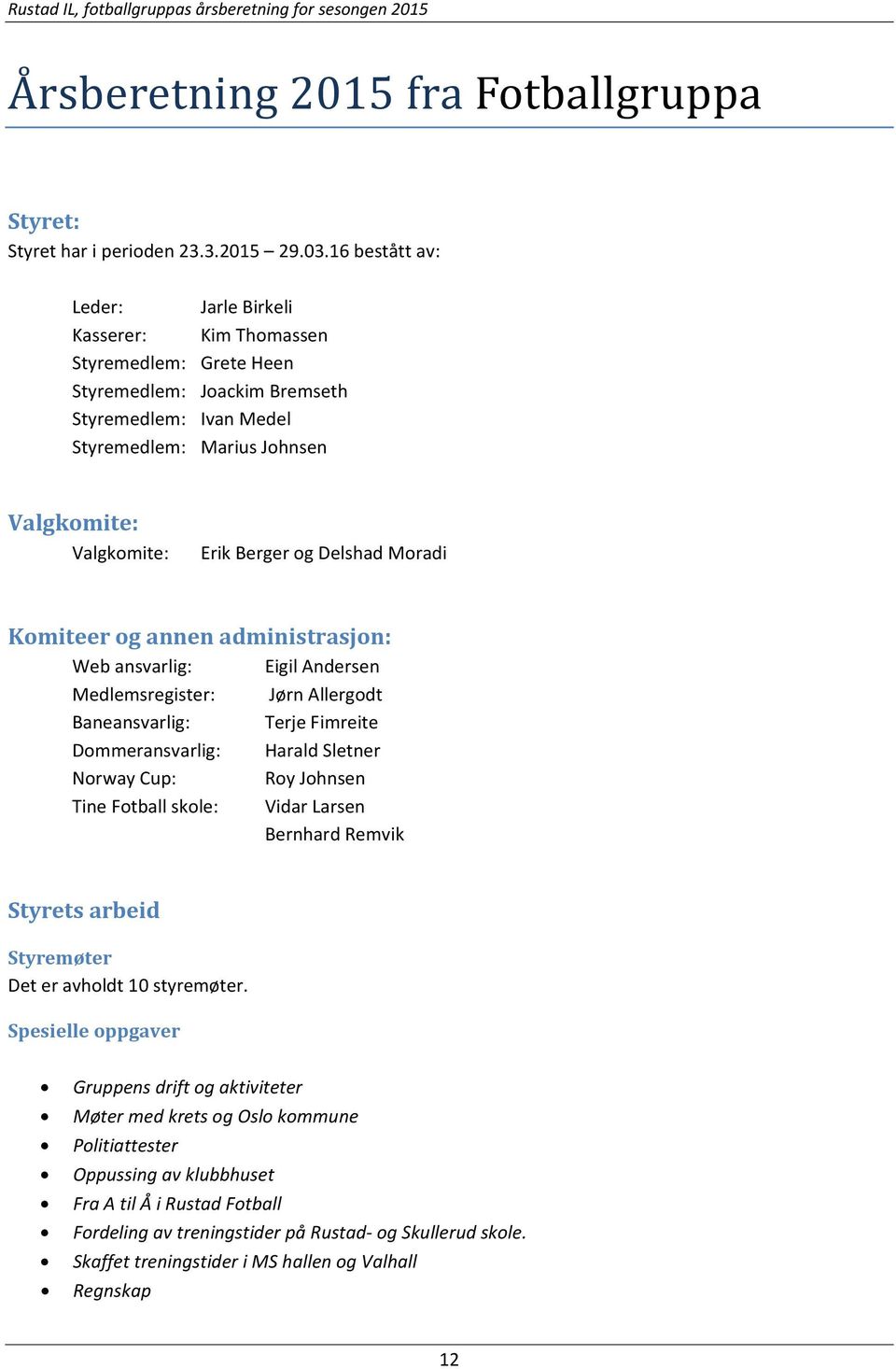 Berger og Delshad Moradi Komiteer og annen administrasjon: Web ansvarlig: Eigil Andersen Medlemsregister: Jørn Allergodt Baneansvarlig: Terje Fimreite Dommeransvarlig: Harald Sletner Norway Cup: Roy