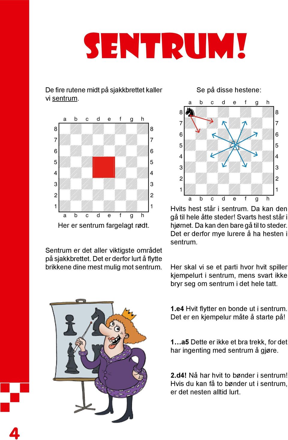 Se på disse hestene: 8n+-+-+-+( 7+-+-+-+-' 6-+-+-+-+& 5+-+-sN-+-% 4-+-+-+-+$ 2-+-+-+-+" 1+-+-+-+-! Hvits hest står i sentrum. Da kan den gå til hele åtte steder! Svarts hest står i hjørnet.