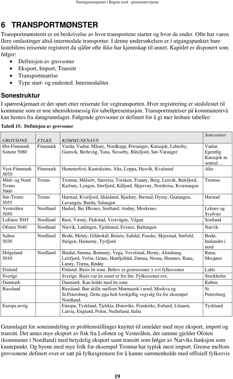 Kapitlet er disponert som følger: Definisjon av grovsoner Eksport, Import, Transitt Transportmatrise Type start- og endested.