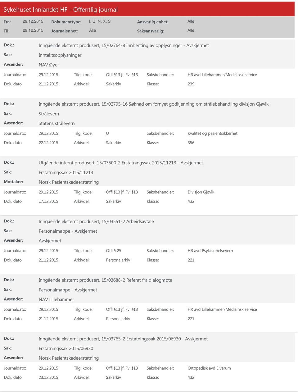 Erstatningssak 2015/11213 Divisjon Gjøvik Inngående eksternt produsert, 15/03551-2 Arbeidsavtale Dok. dato: 21.12.2015 Arkivdel: Personalarkiv Inngående eksternt produsert, 15/03688-2 Referat fra dialogmøte NAV Lillehammer HR avd Lillehammer/Medisinsk service Dok.