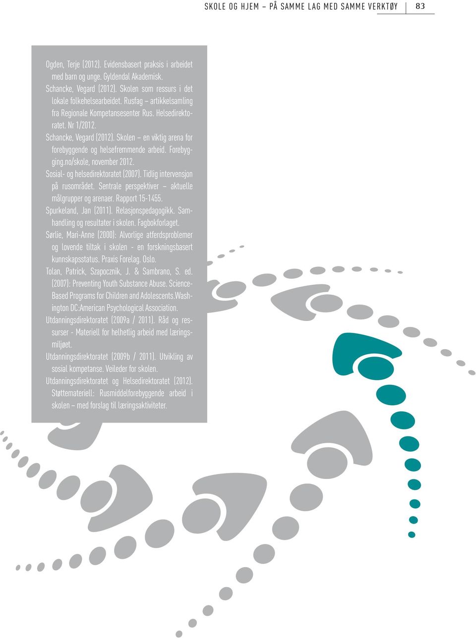 no/skole, november 2012. Sosial- og helsedirektoratet (2007). Tidlig intervensjon på rusområdet. Sentrale perspektiver aktuelle målgrupper og arenaer. Rapport 15-1455. Spurkeland, Jan (2011).