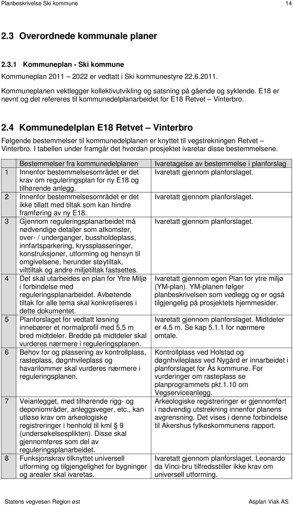 4 Kommunedelplan E18 Retvet Vinterbro Følgende bestemmelser til kommunedelplanen er knyttet til vegstrekningen Retvet Vinterbro.