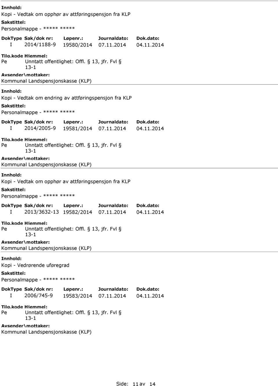 Landspensjonskasse (KLP) nnhold: Kopi - Vedtak om opphør av attføringspensjon fra KLP rsonalmappe - ***** ***** 2013/3632-13 19582/2014