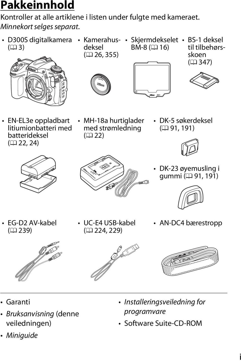 litiumionbatteri med batterideksel (0 22, 24) MH-18a hurtiglader med strømledning (0 22) DK-5 søkerdeksel (0 91, 191) DK-23 øyemusling i gummi (0