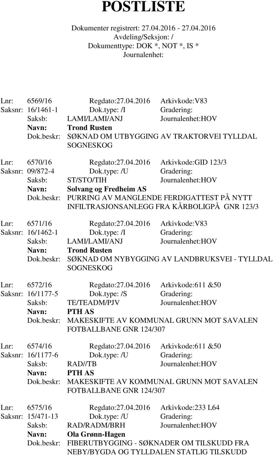 type: /U Gradering: Saksb: ST/STO/TIH HOV Solvang og Fredheim AS Dok.beskr: PURRING AV MANGLENDE FERDIGATTEST PÅ NYTT INFILTRASJONSANLEGG FRA KÅRBOLIGPÅ GNR 123/3 Lnr: 6571/16 Regdato:27.04.