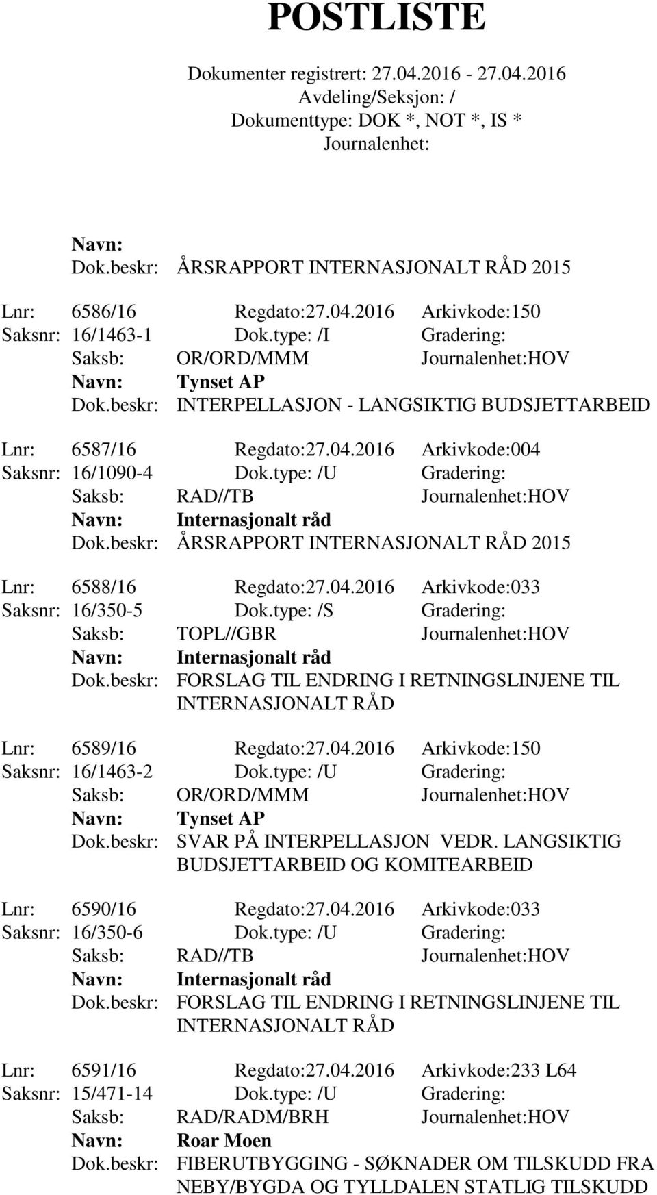 beskr: ÅRSRAPPORT INTERNASJONALT RÅD 2015 Lnr: 6588/16 Regdato:27.04.2016 Arkivkode:033 Saksnr: 16/350-5 Dok.type: /S Gradering: Saksb: TOPL//GBR HOV Internasjonalt råd Dok.