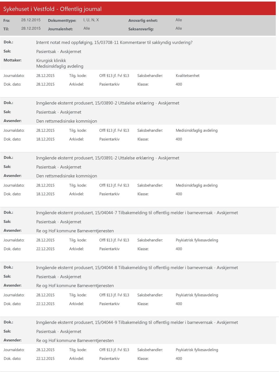 2015 Arkivdel: Pasientarkiv Inngående eksternt produsert, 15/03891-2 ttalelse erklæring - Pasientsak - Den rettsmedisinske kommisjon Medisinskfaglig avdeling Dok. dato: 18.12.